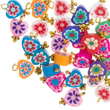 Polymer Charm Herz Blume (14 x 9 x 4.5 mm) Multi Color - Gold (25 Stück)