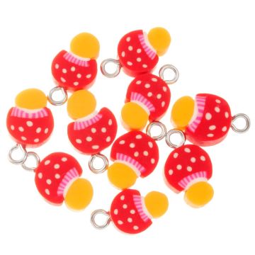 Polymer Charm Pilz (15.5 X 9 X 4.5 mm) Red / Yellow - Altsilber (10 Stück)