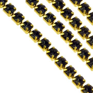 Strasskette (2 mm) Gold - Black Diamond (2 Meter)