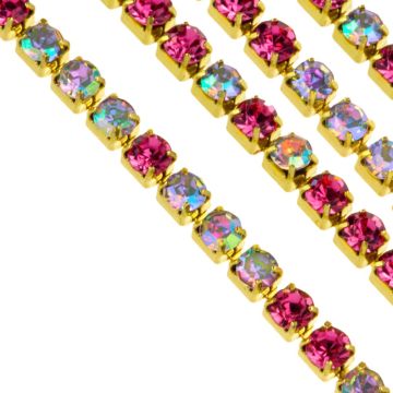 Strasskette (2 mm) Gold - Pink Color AB (2 Meter)