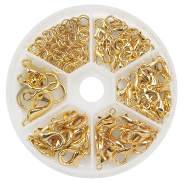 Sortierkasten - Karabinerverschlüsse mit Ösen (10 - 20 x 6 - 11 mm) Gold (120 Stück)