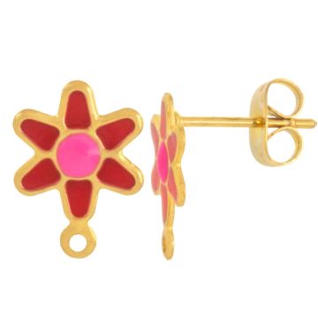 Edelstahl Ohrstecker Emaille Blume mit Verschluss (12.5 x 9 mm) Red-Gold (2 Stück)
