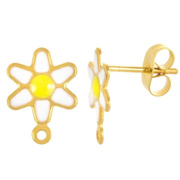 Edelstahl Ohrstecker Emaille Blume mit Verschluss (12.5 x 9 mm) White-Gold (2 Stück)