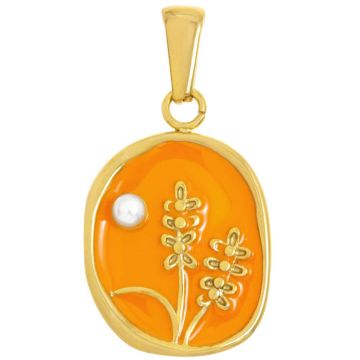 Edelstahl Pendant Emaille mit Blumen und Perle (14.5 x 13 x 2.5 mm) Orange - Gold (1 Stück)